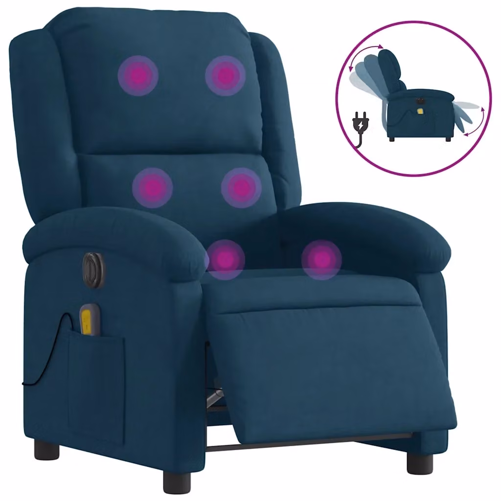 Poltrona Relax Reclinabile Elettrica in Velluto Blu con Massaggio e Braccioli – 2