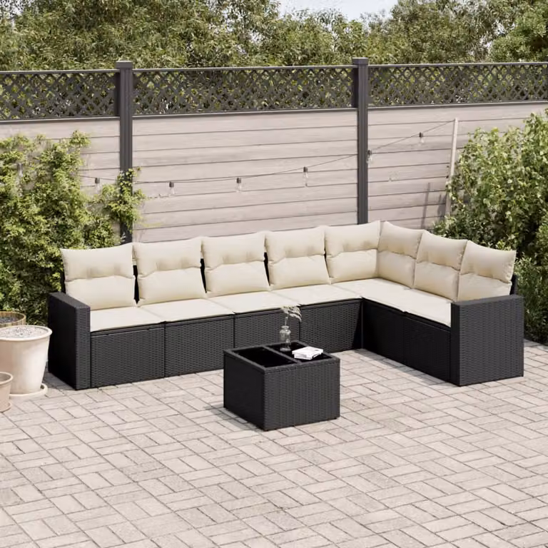 vidaXL Set Divani da Giardino a L con Cuscini 8 pz Nero e Bianco in Polyrattan con Tavolino da Caffè e Struttura in Metallo