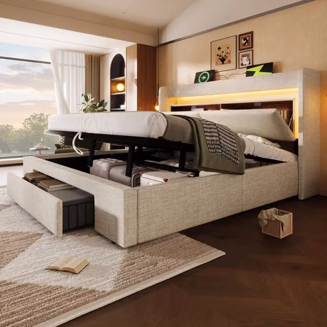Letto contenitore Mivray in lino beige con illuminazione LED, porte USB e USB-C e testiera con vano, L/P: 160 x 200 cm, H: 111 cm
