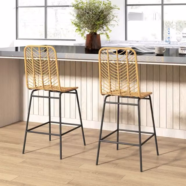 Sgabello da bar 42.5x52x102 cm con poggiapiedi; design boho in rattan; giallo