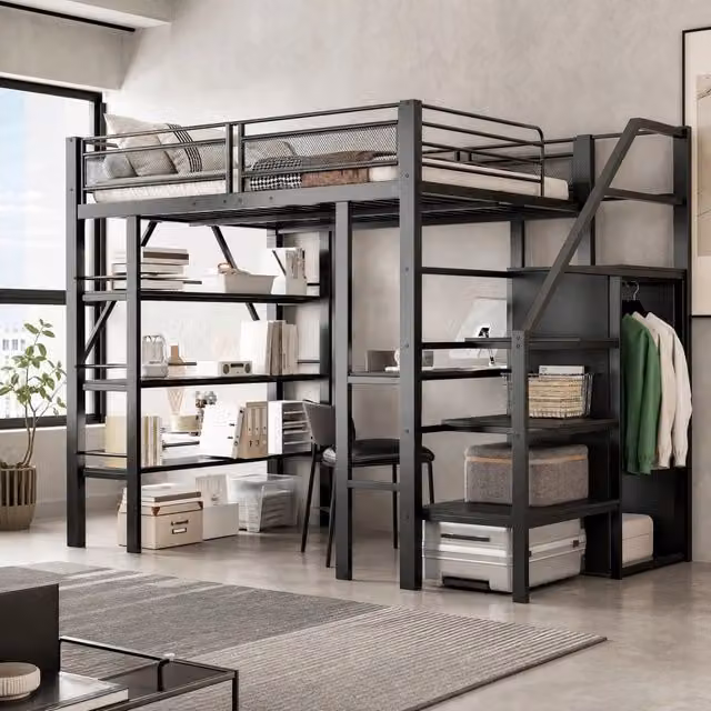 Letto a soppalco MIVRAY con scrivania, armadio e scaffale a tre livelli, scala reversibile in metallo nero, L/P/H: 200 x 140 x 252 cm