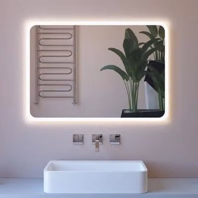 Specchio da bagno rettangolare con retroilluminazione LED INBAGNO, angoli tondi, L: 80 cm, H: 70 cm, colore bianco