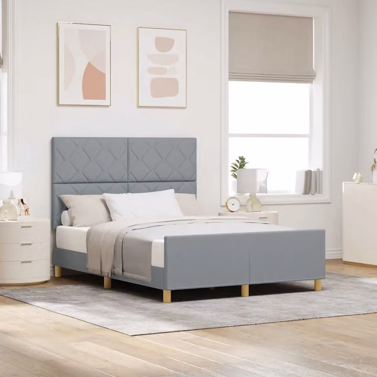 Struttura del letto moderna vidaXL in tessuto grigio con dettagli in legno e MDF, dimensioni 140 x 200 cm
