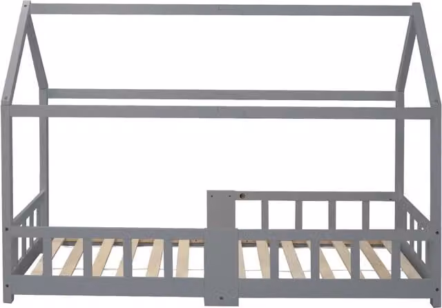 Letto per bambini a forma di casetta 90x200 cm in legno di pino grigio con rete a doghe e protezioni anticaduta (senza materasso)