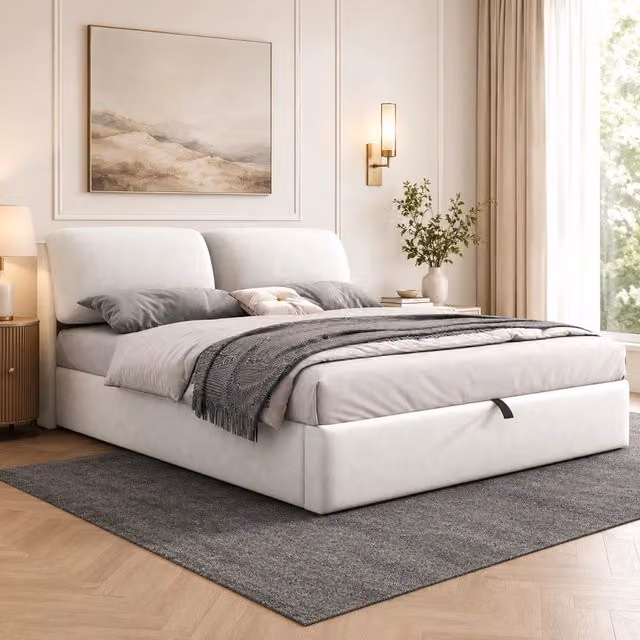 Letto contenitore 160x200 cm; letto matrimoniale con contenitore idraulico; 3 cassetti; rete a doghe e testiera; velluto; beige