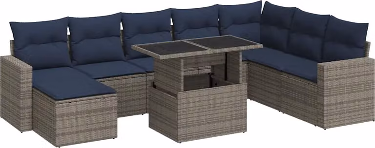 Set Divano da Giardino 9pz con Cuscini Grigio Polyrattan Acacia