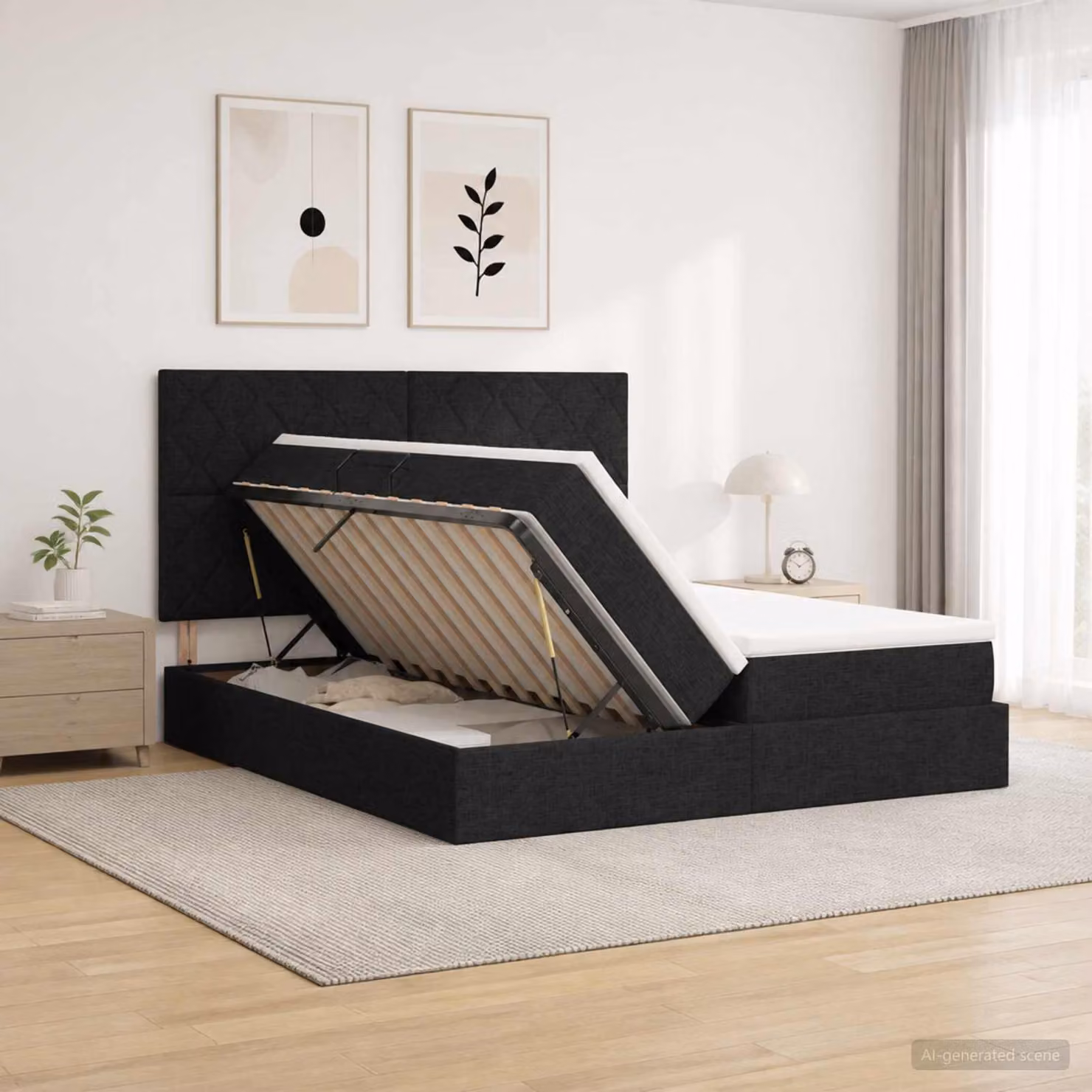 vidaXL Letto con Contenitore e Testiera in Tessuto Nero L: 180 cm, P: 200 cm, H: 140 cm