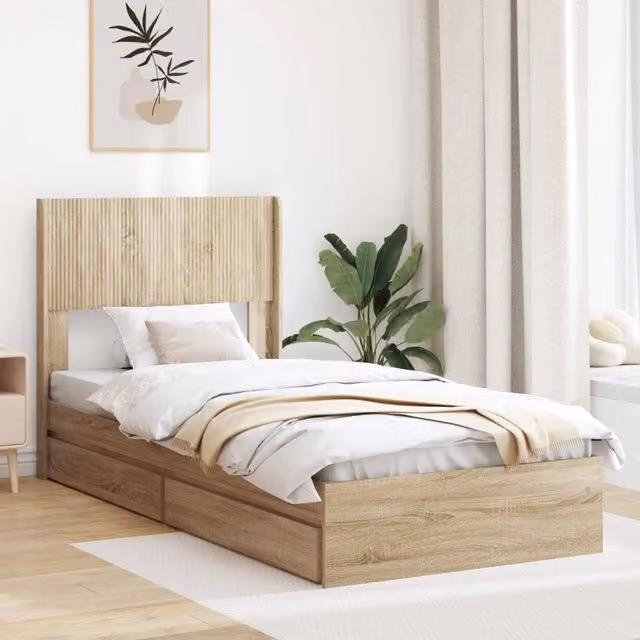 Letto con contenitore e testata in Rovere Sonoma, colore marrone, L: 140 cm, P: 193 cm, H: 82 cm