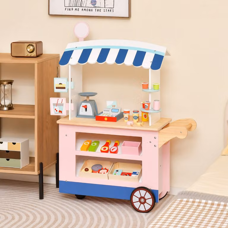Carrello della spesa giocattolo Costway con bilancia e ripiani, supermercato per bambini colore rosa