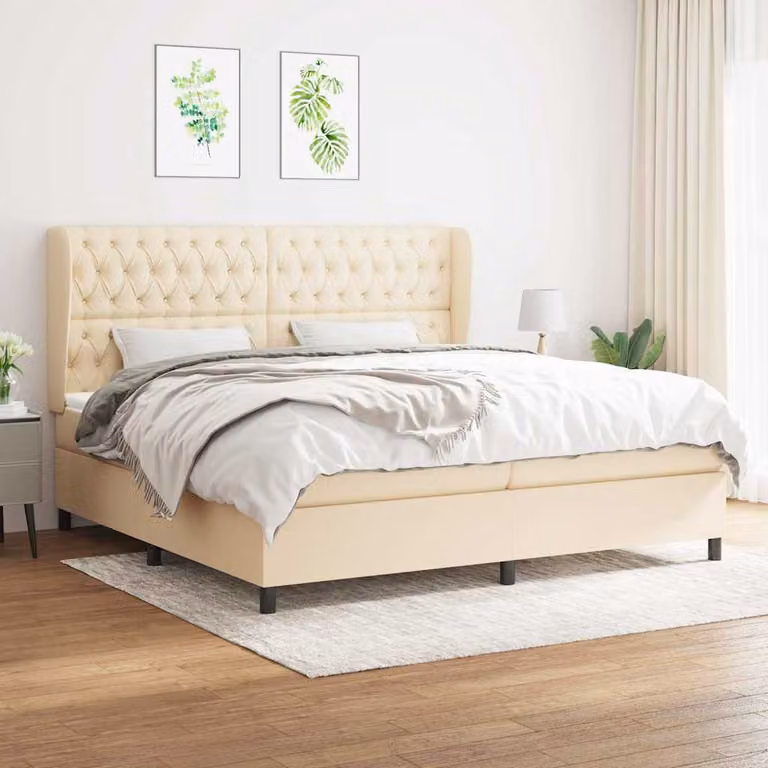 vidaXL Giroletto a Molle con Materasso Ibrido in Tessuto Beige e Bianco L/P: 200 x 200 cm