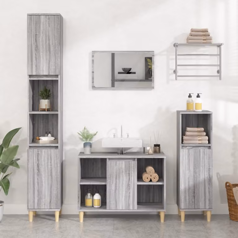 Set di mobili da bagno vidaXL 3 pezzi in legno multistrato grigio e nero, composto da mobile lavabo e armadio alto, L/P/H: 80 x 33 x 190 cm