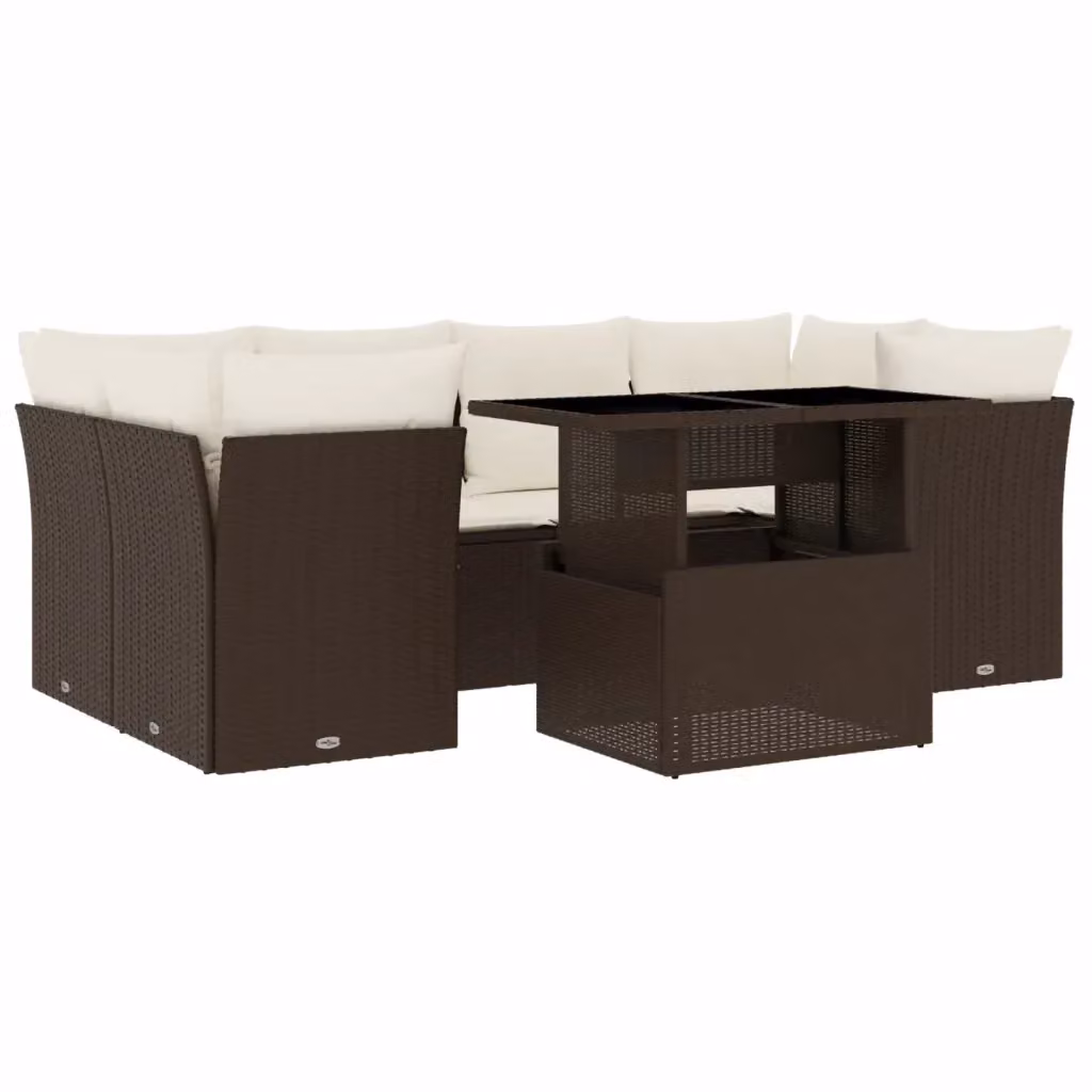 Set di Divani da Giardino vidaXL 7 pz a Forma a L con Cuscini Marrone e Bianco in Polyrattan e Acciaio – 2