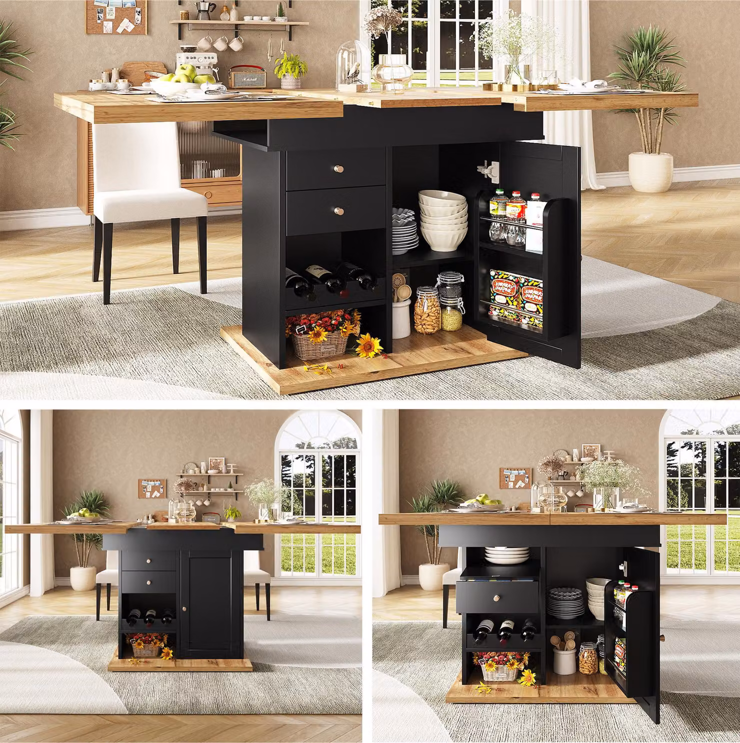 okwish Tavolo da pranzo pieghevole con ripiano per snack e portabottiglie, per 4-6 persone, tavolo pieghevole con portabottiglie e cassetti, mobile per cucina e soggiorno, nero