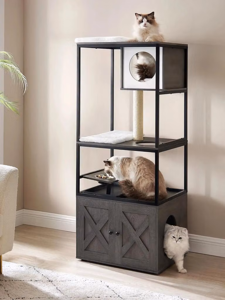 Arredi per gatti - Tiragraffi/Albero da arrampicata - 3 in 1 - Mobile per lettiera - Supporto rialzato per ciotole - Oltre 5 livelli - Nylon - Nero