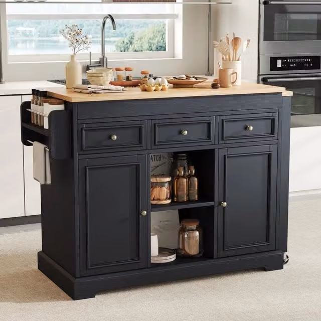 Isola cucina mobile con piano estraibile e 3 cassetti, per cucina e sala da pranzo, in MDF, nero, 112 × 45 × 92 cm