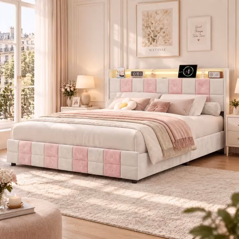 Letto imbottito INONEFT, 140x200 cm, con LED e USB, letto singolo per ragazzi con 4 cassetti e spazio contenitivo, struttura del letto con rete a doghe, bianco-rosa