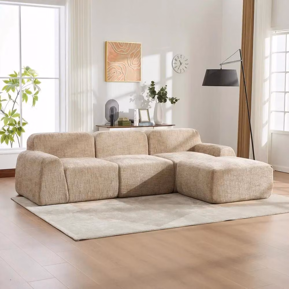 Divano modulare a forma di L per soggiorno, in tessuto chenille, con tre posti, trasportabile, con base antiscivolo, color kaki