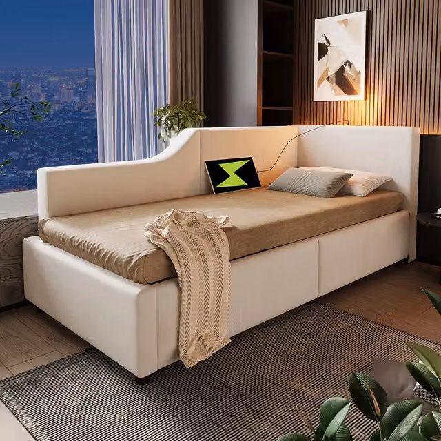 Letto a cassone per bambini - Xylo - 90x190 cm - Beige - Luci notturne e ricarica USB-C
