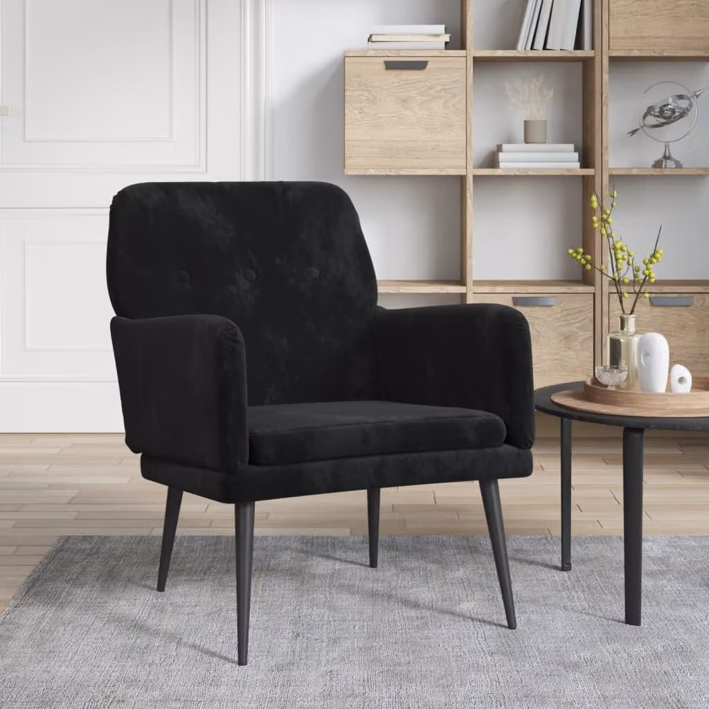 Poltrona lounge moderna vidaXL in velluto nero con braccioli e struttura in metallo L/P/H: 62 x 79 x 79 cm