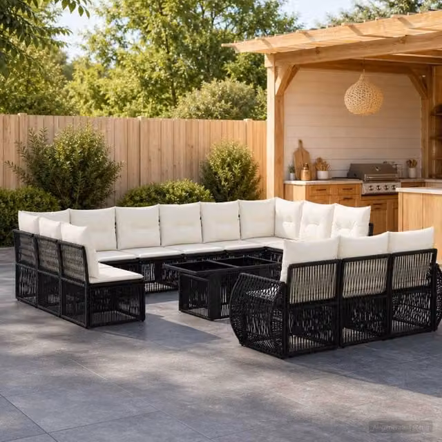 Set Divano da Giardino vidaXL 14 pz a forma a U in Polyrattan con Cuscini e Tavolino, Nero e Bianco
