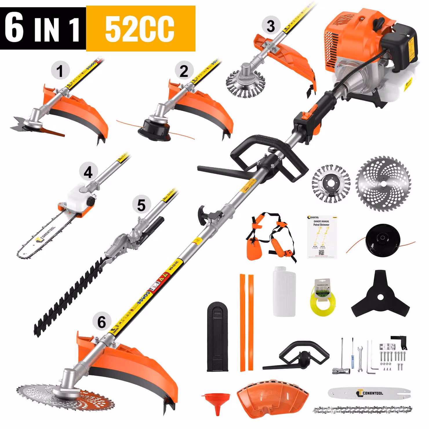 Tagliaerba a scoppio Heggenschaar, 52 CC - 2500 W di potenza - serbatoio da 1200 ml - utensile multifunzione 6-in-1 per il giardino