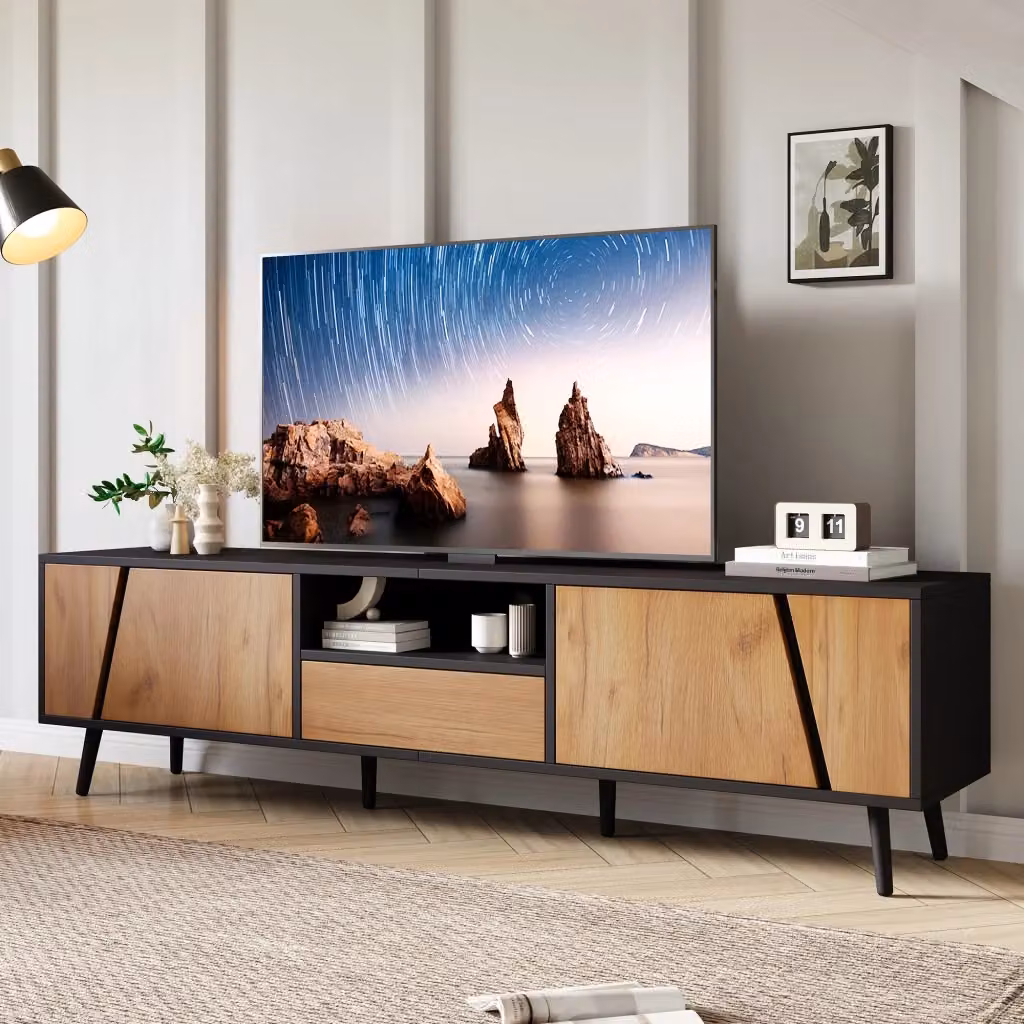Mobile TV basso moderno WISHDOR in legno naturale e nero con 2 ante e 1 cassetto L: 180 cm, P: 40 cm, H: 46 cm – 2