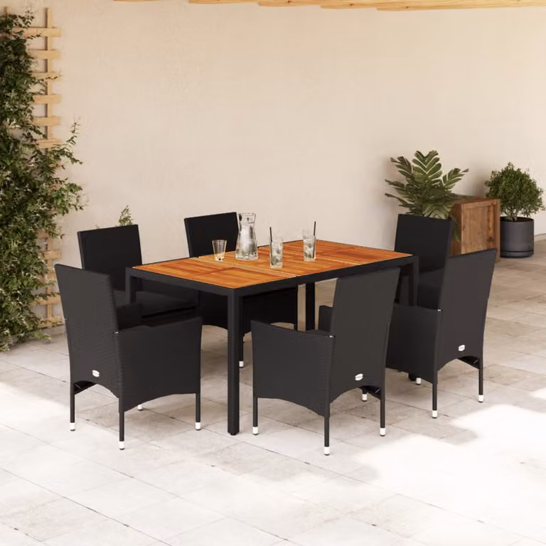 Set Pranzo da Giardino vidaXL in Polyrattan e Legno di Acacia Nero con 7 Pezzi e Cuscini