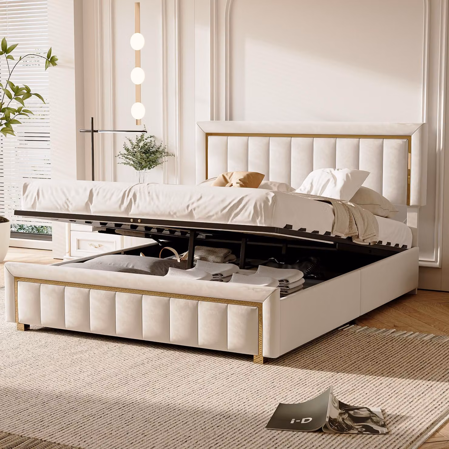 Letto imbottito Fortuna Lai 140x190cm, letto a molle con rete a doghe, letto contenitore letto matrimoniale letto in legno massiccio, velluto, beige