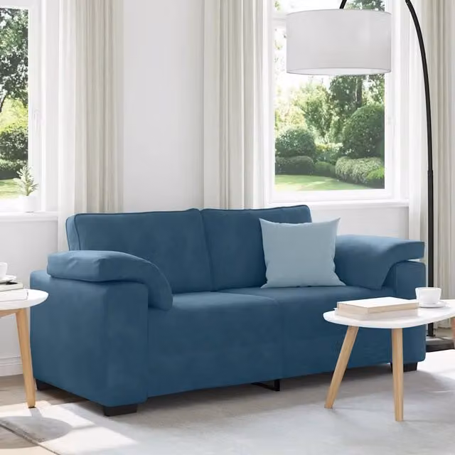 Divano moderno vidaXL in velluto blu con cuscini, L: 180 cm, P: 77 cm, H: 82 cm
