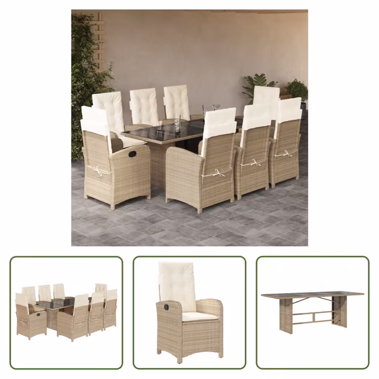 The Living Store Set da pranzo da giardino 9 pezzi con cuscini Beige poly rattan