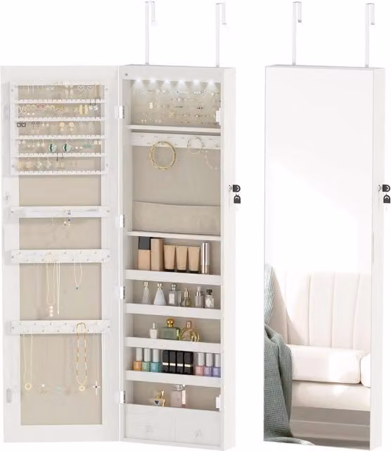 Specchio Portagioie da Parete Xylo Bianco con Illuminazione LED e Serratura