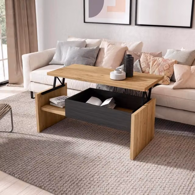 Tavolino da caffè sollevabile SKRAUT HOME moderno in legno e metallo, colore rovere e nero, L: 110 cm, P: 45 cm, H: 50 cm – 1