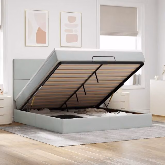 Letto con contenitore a sollevamento vidaXL in velluto grigio e bianco con base a molle, illuminazione sottostante e porta di ricarica USB, L/P/H: 160 x 203 x 128 cm
