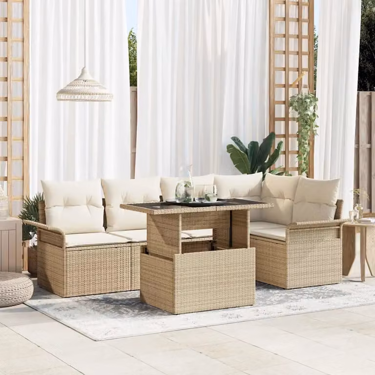 Set Divano da Giardino vidaXL 6 Pezzi in Polyrattan Beige con Cuscini e Tavolino