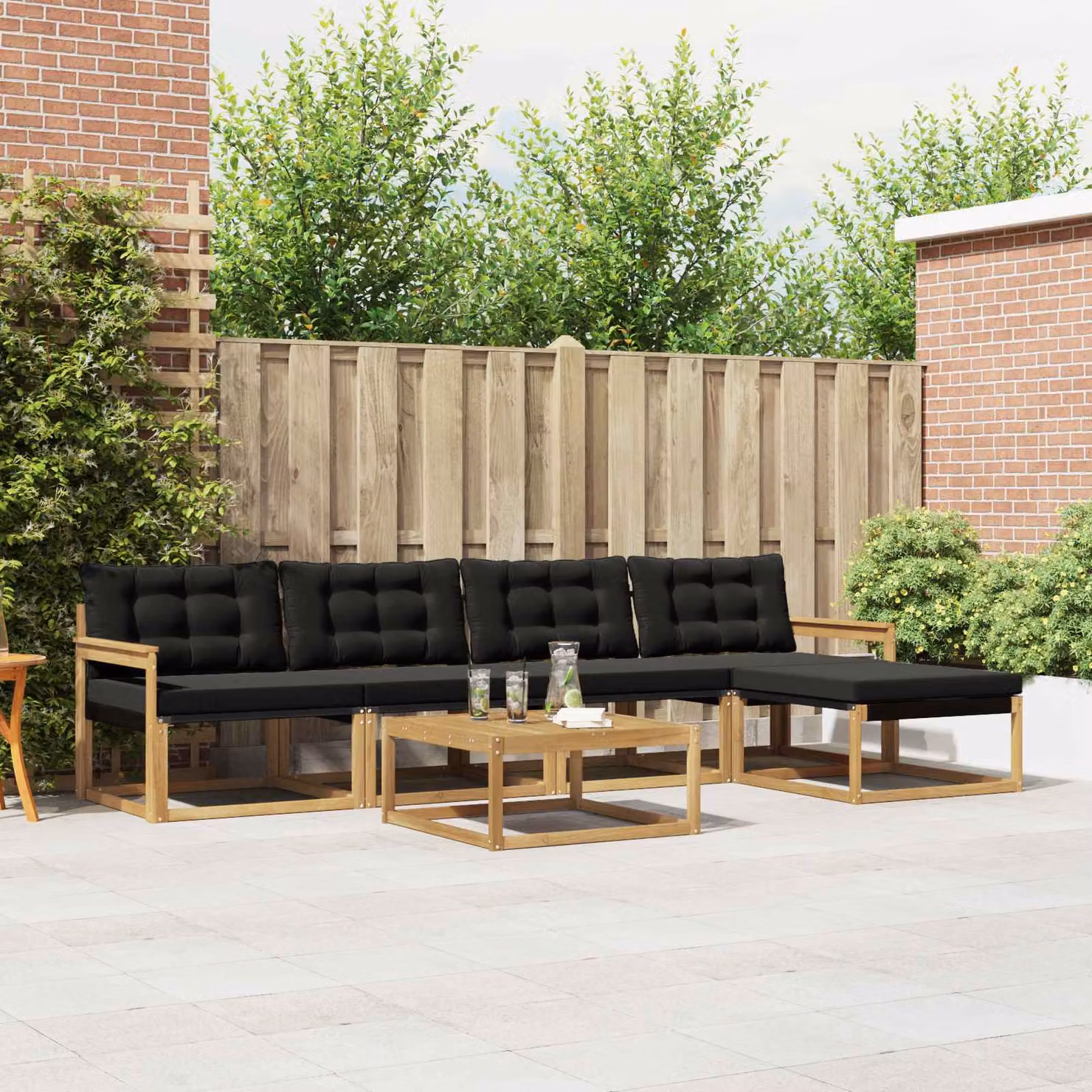 Set di divani da esterno vidaXL 6 pz in legno di acacia con tavolino e pouf, Bianco e Nero