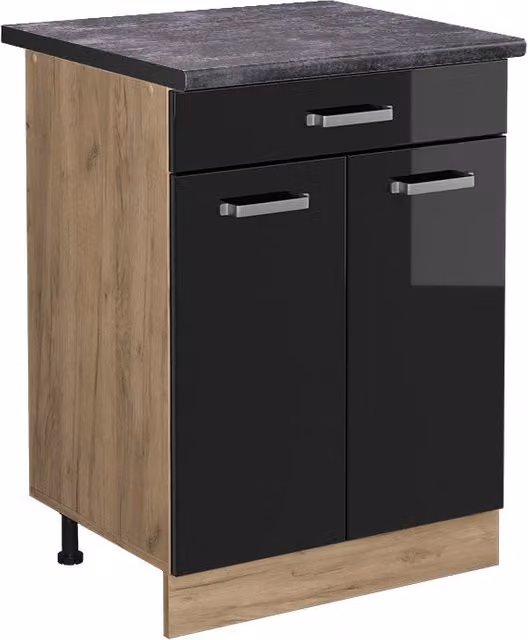 Mobiletto base per cucina R-Line Vicco con cassetto, Nero lucido e Rovere dorato, colore Antracite, L: 60 cm