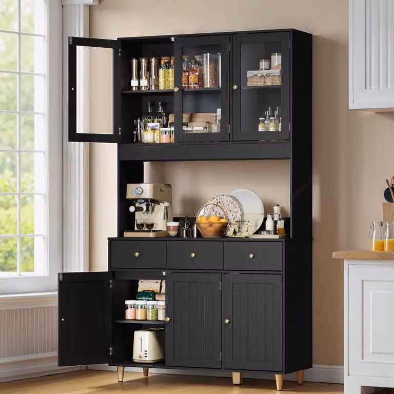 Armadio alto da cucina BEALIFE, 100x38x180 cm, con ante in vetro e piano di lavoro | Presa di corrente e illuminazione a LED | Adatto per cucina e sala da pranzo | Nero | AP05