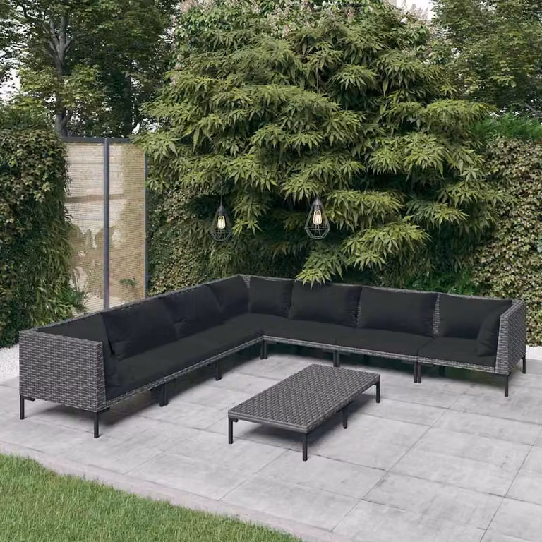 Set da giardino vidaXL composto da 8 pezzi con divani a forma di U, tavolino da caffè e cuscini in polyrattan grigio scuro e nero