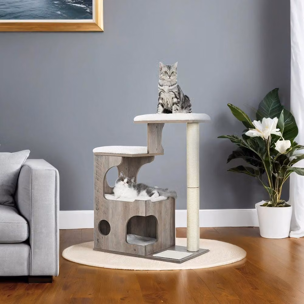 Albero per gatti alto, con casetta e piattaforme | Colore: grigio chiaro | Dimensioni: 40x66x86 cm