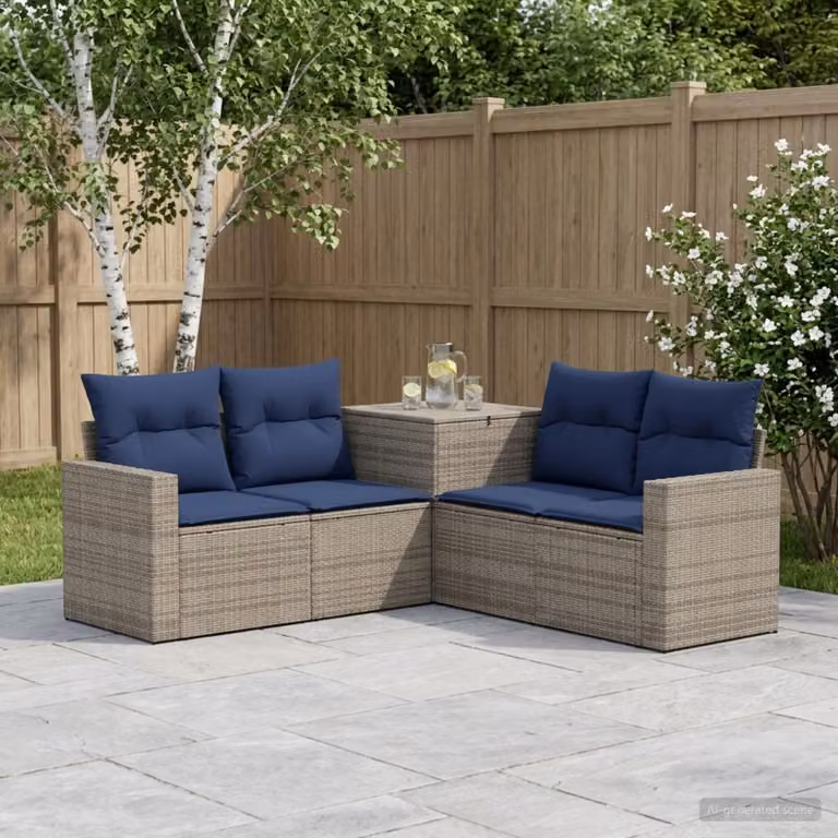 Set di divani da giardino a forma di L vidaXL in rattan e acciaio con cuscini inclusi, Grigio e Blu Navy