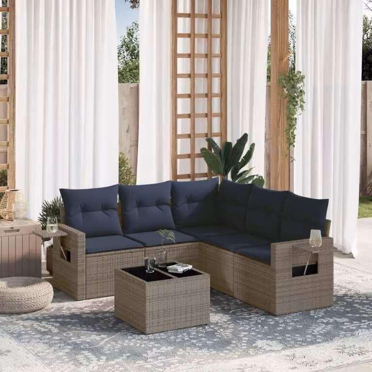 Set di divani da giardino vidaXL in polyrattan grigio con cuscini e tavolino da esterno a forma di L per 6 persone