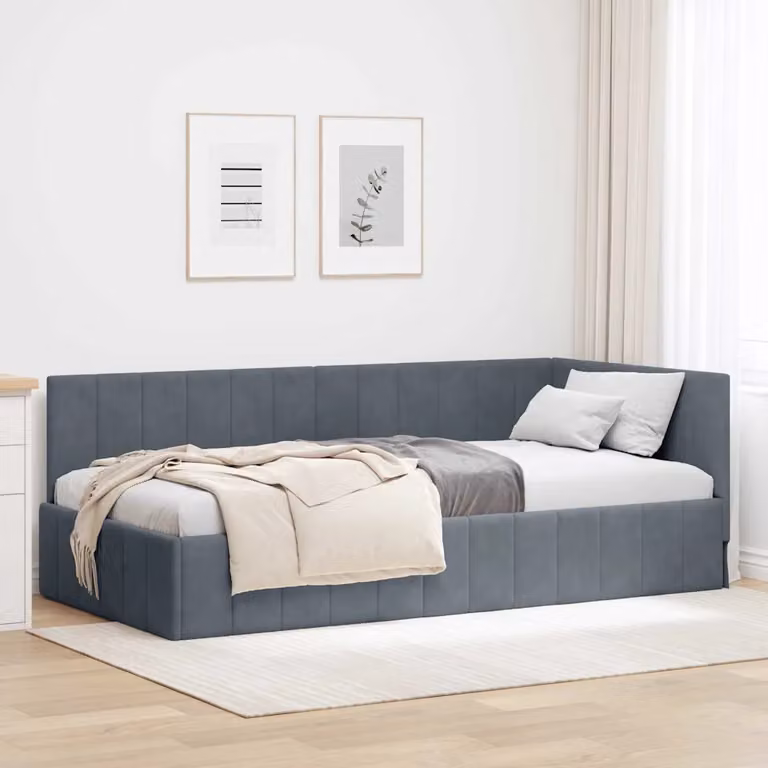 Cornice del letto ad angolo vidaXL in velluto grigio, L 90 x P 200 cm