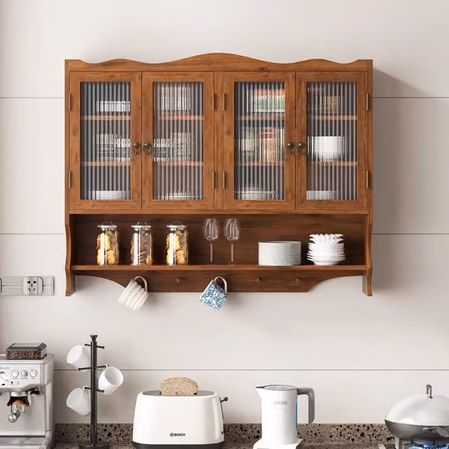 Armadietto pensile con 4 ante, ripiani rimovibili e appendiabiti aperto, per cucina e bagno, 100 × 20 × 80 cm