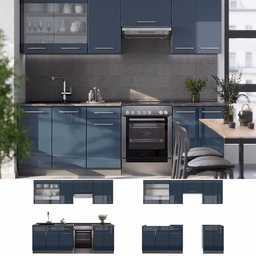 Cucina componibile moderna Fame-Line Vicco Blu scuro lucido e Antracite L: 240 cm – 2