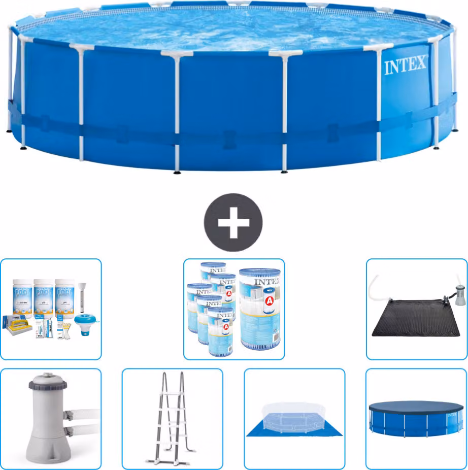 Piscina Intex con struttura rotonda - 457 x 122 cm - blu - inclusa pompa - scaletta - telo di fondo - confezione di manutenzione della copertura - filtro - tappetino solare
