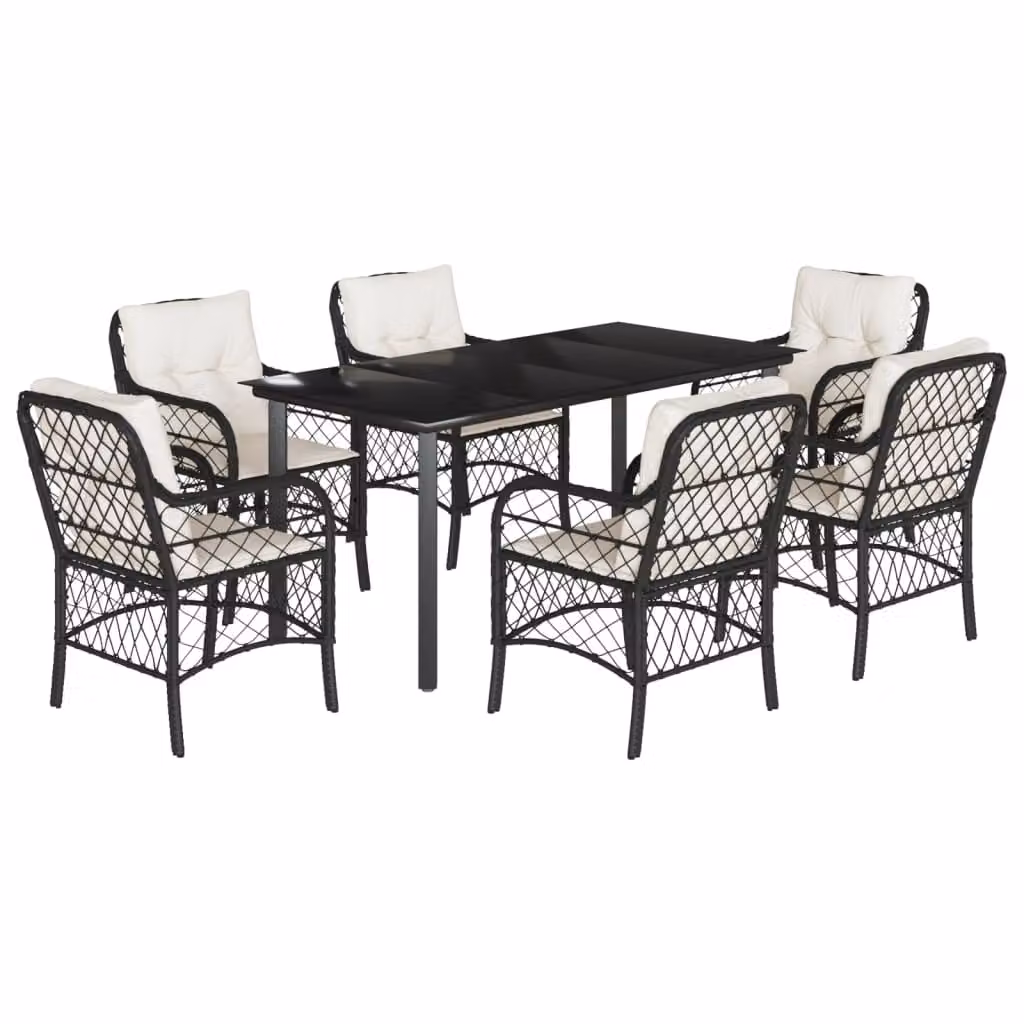 Set da Pranzo da Giardino 7 pz Nero con Cuscini in Polyrattan