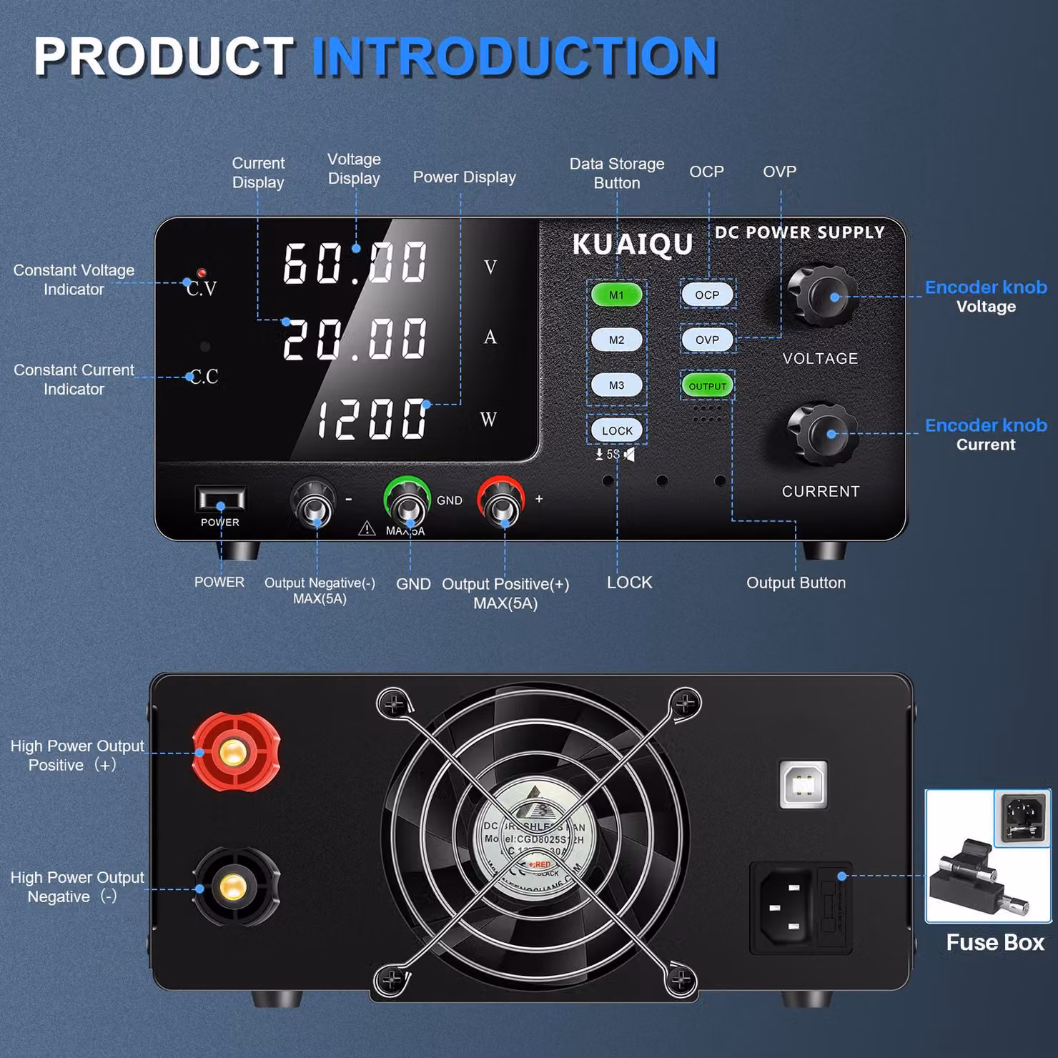 Alimentatore digitale a corrente continua (DC) da 60V, 20A, 1200W, con interfaccia USB e funzione di memorizzazione, ideale per laboratori e applicazioni industriali
