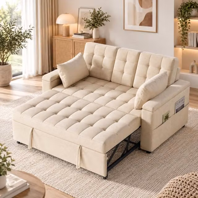 Sedili trasformabili divano letto 2 159x142.5x92cm; schienale regolabile; braccioli con vani portaoggetti; cuscini 2; Lin; Beige