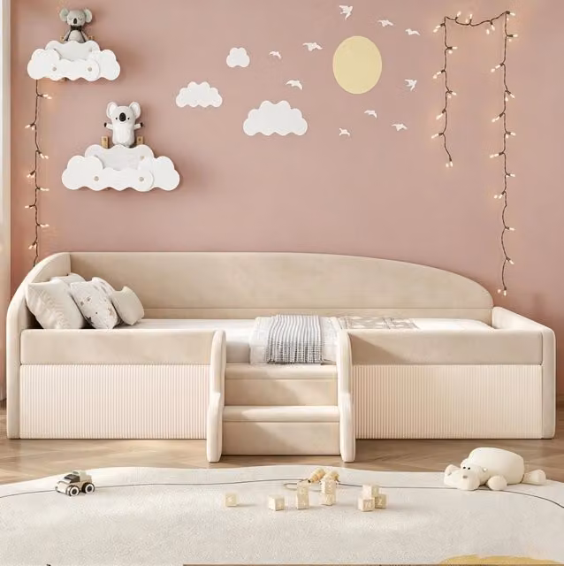 Letto imbottito bambini 90x190 cm con gradini e sponde in velluto beige