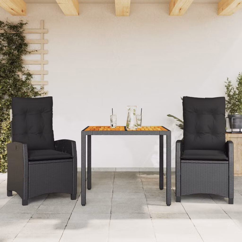 Set da pranzo da giardino vidaXL in polyrattan e legno di acacia nero con 3 pezzi e cuscini